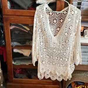 Lace Crochet V-Neck Tunic Dress - Cream
